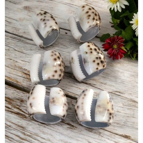Sea Shell Napkin Rings TIGER COWRIE Hand Carved Spotted Set of 6 - Picture 2 of 5